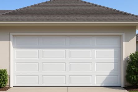 Wide shot of a modern white garage door fully installed on a beige home in Adairsville, GA, with a clear driveway and neat landscaping.